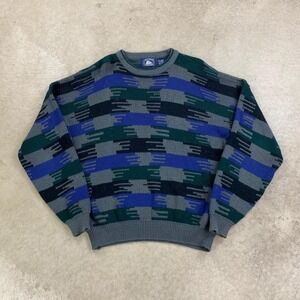 Vintage 90s Atlantic Traders Sweater Size XL Gray Blue Geometric Pullover Boho